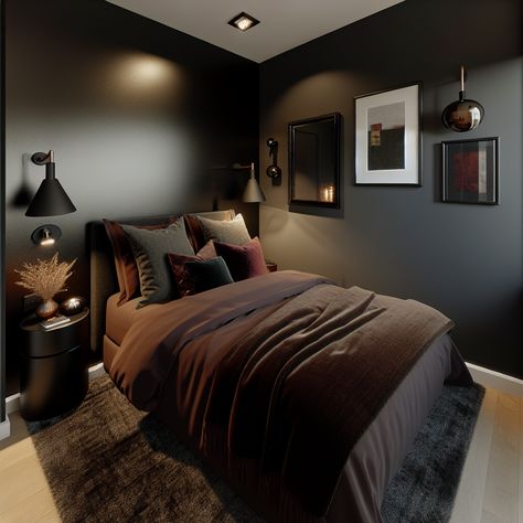 bedroom ideas for small rooms dark Dark Small Bedroom, Dark Bedroom Ideas, Airbnb Room, Black Walls Bedroom, Moody Lighting, Moody Bedroom, Dark Bedroom, Ideas For Small Spaces, Bedroom Goals