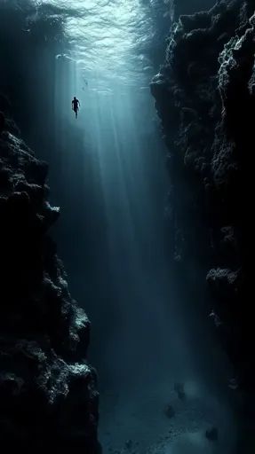 ↑↑↑ Larger size on website 🔸 The image shows a deep underwater cavern. Two shadowy figures are swimming in the center of the fram Shipwreck Underwater, Underwater Cavern, Water From Above, Underwater Lake, Shadowy Figures, Deep Underwater, Underwater Scenery, Underwater Caves, Underwater City