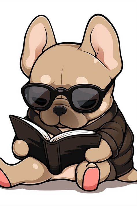 Thoughtful French Bulldog Reading a Book - Digital Cartoon Sticker French Bulldog Drawing Cartoon, Frenchie Cartoon, French Bulldog Cartoon, French Bulldog Drawing, France Wallpaper, Pug Mix, French Bulldog Art, Bulldog Francese, School Wall Art