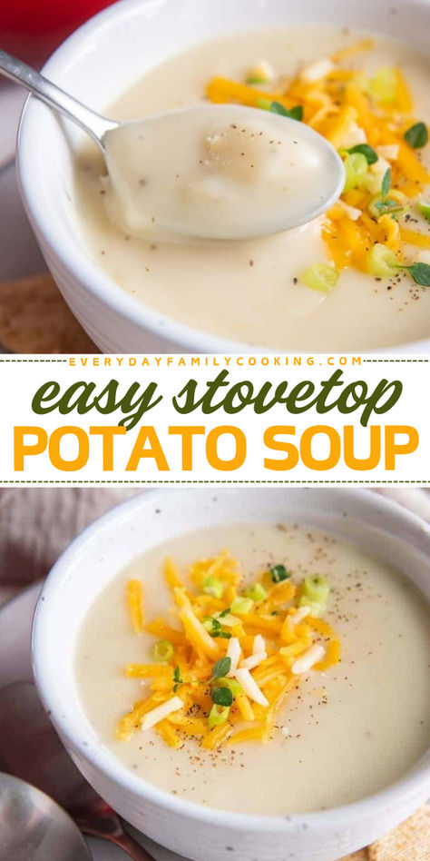 Craving a cozy winter meal? Here's an easy winter recipe for a homemade soup! This yummy comfort food is a hearty dinner recipe you'll want to have on repeat. Using just 4 ingredients, you can have this stovetop potato soup that's so creamy! Homemade Cream Of Potato Soup, Potato Soup Easy Stovetop Simple, Easy Stove Top Potato Soup, Potato Soup With Whipping Cream, Basic Potato Soup, Potato Soup Stove Top Easy Recipes, Easy Potato Soup With Cream Cheese, Easy Stovetop Potato Soup, Easy Potato Soup Recipes Simple