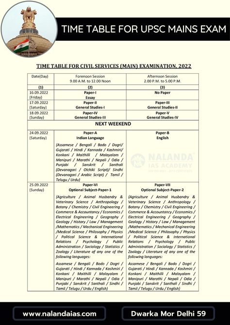 Time table for UPSC mains exam #timetablecseexam #upscmainsexam #examschedule #upscmainsexamdate #examdate #examtime #nalandaias Upsc Time Table, Upsc Preparation, Session 9, Exam Time, Regina Cassandra, Time Table, Indian Language, Civil Service, English Vocabulary Words