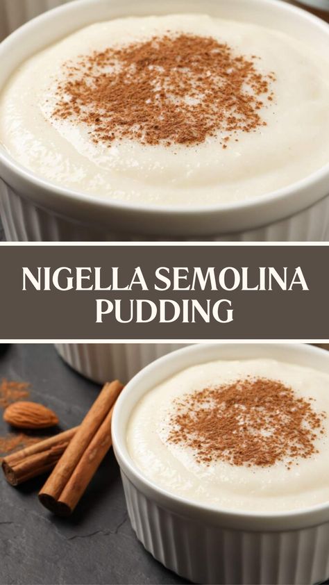 Nigella Semolina Pudding Semolina Pudding Recipes, Semolina Breakfast, Semolina Custard, Nigella Lawson Desserts, Semolina Recipes, Semolina Recipe, Vanilla Pudding Recipes, Nigella Lawson Recipes, Semolina Pudding