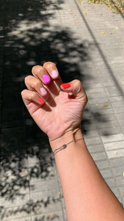 3 Color Manicure, Multi Nail Color Ideas, Short Simple Nails Spring, Multicolor Solid Nails, Random Color Nails, Pink Nails Multicolor, Multiple Nail Color Ideas, Multi Colored Gel Nails, Multi Color Gel Nails