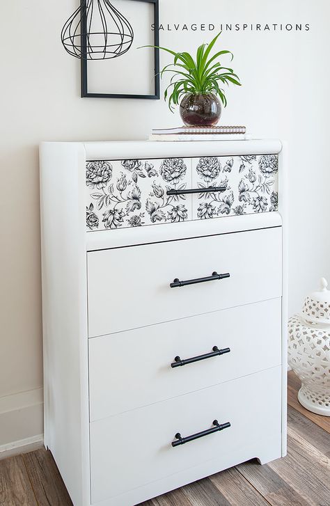 Black and White Floral Dresser - Salvaged Inspirations Black And White Refurbished Dresser, White Dresser With Black Hardware, Black And White Dresser Diy, Black And White Painted Furniture, White Dresser Diy, Dresser Makeover White, White Painted Dresser, Dressers Painted, Black And White Dresser