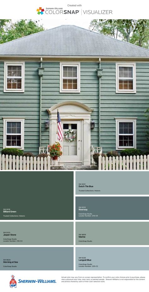 Sherwin Williams Historical Exterior Paint Colors, Duck Egg Blue House Exterior, Light Teal House Exterior, Sherwin Williams Contented, Home Paint Colour, Green Exterior House Colors, Outside House Colors, Temple House, House Colour