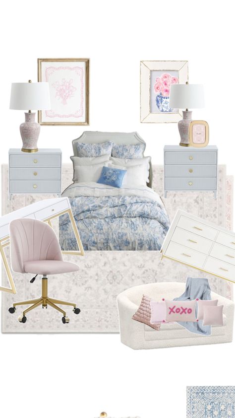 Blue White Pink Bedroom, Pink Coastal Granddaughter Room, Love Shack Fancy Room Ideas, Blue Love Shack Fancy Room, Blue And Pink Coastal Bedroom, Blue Love Shack Fancy Bedroom, Pink Blue And White Bedroom, Blue And Pink Aesthetic Room, Blue And Pink Room Ideas