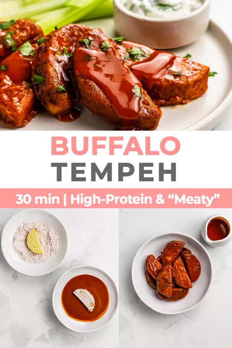 Tempeh Wings, Nibbles Recipes, Buffalo Tempeh, Vegan Buffalo Sauce, Baked Tempeh, Buffalo Sauce, Buffalo Wings, Tempeh, Get The Party Started