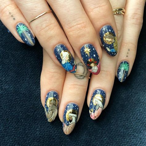 Nativity Scene Nails, Jesus Christmas Nails, Nativity Nails, Rockabilly Nails, Themed Nails, Aurora Nails, Polish Ideas, Her Nails, Painted Nail Art