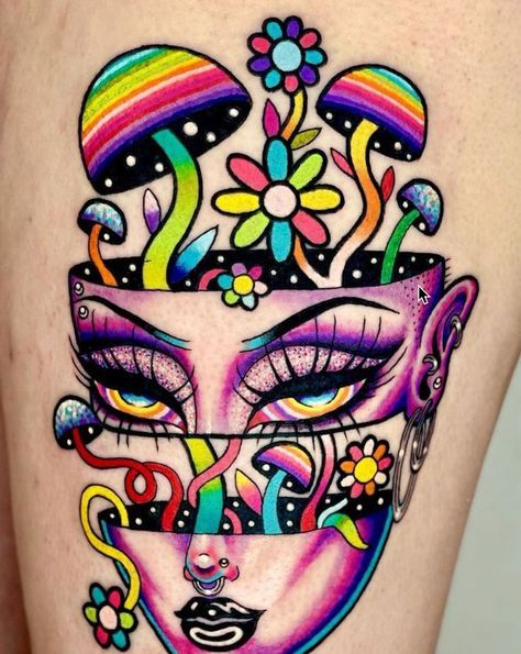 Psychodelisch Tattoos, Ideas For First Tattoo, Trippie Tattoos, Neon Doodles, Europe Tattoos, Trippy Tattoo, Polish Tattoos, Bright Tattoos, Rainbow Tattoos