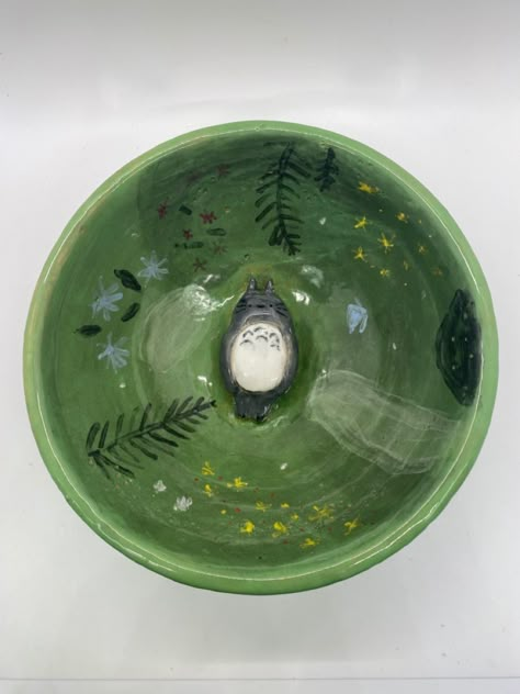 Pottery Painting Landscape, Pottery Painting Small Bowl, Ponyo Bowl Pottery, Ponyo Bowl, Anime Pottery Painting Ideas, Ghibli Pottery Painting, Painting Bowls, Pottery Bowl Painting, Clay Bowl Painting Ideas