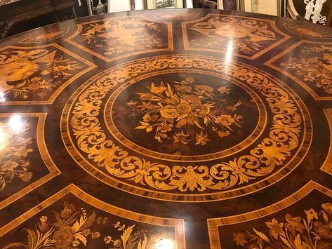 Inlaid Wood, Wood Inlay Table, Wood Inlay Designs, Wood Inlay Table Top, Mosaic Inlay In Wood, Wood Floor Brass Inlay, Marquetry Wood, Burled Wood Table, Modern Marquetry Round Table