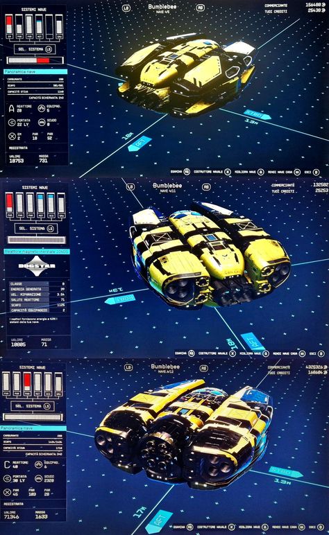 My Starfield ship build: a comparison of the three versions of the Bumblebee. Starting from top to bottom: the Class A Bamblebee, the Class B Bamblebee, and finally the Class C Bumblebee. Starfield Ships, Scifi Ship, Ship Ideas, Space Ships, Spaceship Design, Class B, Nissan Pathfinder, Top To Bottom, The Class