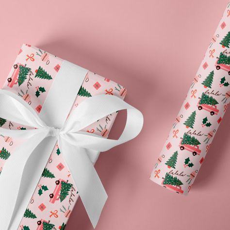 Christmas Wrapping Ideas Creative, Girly Christmas Tree, Pink Christmas Wrapping Paper, Christmas Tree Pink, Christmas Tree Wrapping Paper, Xmas Wrapping, Vintage Pink Christmas, Retro Van, Christmas Arts