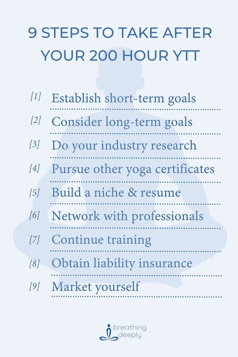 In this post you will learn 9 next steps to take to advance your yoga career after you have completed your first 200 hour yoga teacher training certification. In this post we break down these steps into: Evaluate Your Objectives, Advance Your Education & teaching. Discover how to start teaching yoga and find success following your dharma. #yogateacher #ttc #yoga Yoga Teacher Training Books, Yoga Theory, Yoga For Migraines, Somatic Yoga, Yoga For Mental Health, Yoga Teacher Resources, Yoga Certification, Yoga Teaching, Therapeutic Yoga