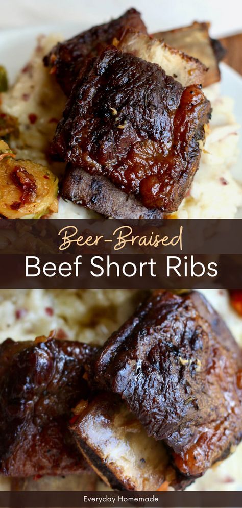 Try this easy Beer-Braised Beef Short Ribs recipe! Using a Dutch oven, let the beef slow cook to perfection until tender and moist. These succulent short ribs fall off the bone, making them perfect for a relaxed date night or any cozy dinner at home. Enjoy the rich beer gravy that adds a touch of comfort to every bite! Braised Beef Short Ribs Joanna Gaines, Beer Short Ribs Recipe, Short Ribs Recipe Stove Top, Short Ribs Recipe Dutch Oven, Beef Short Ribs Dutch Oven, Beef Short Ribs Crock Pot, Short Ribs Dutch Oven, Short Ribs Crock Pot, Best Short Rib Recipe