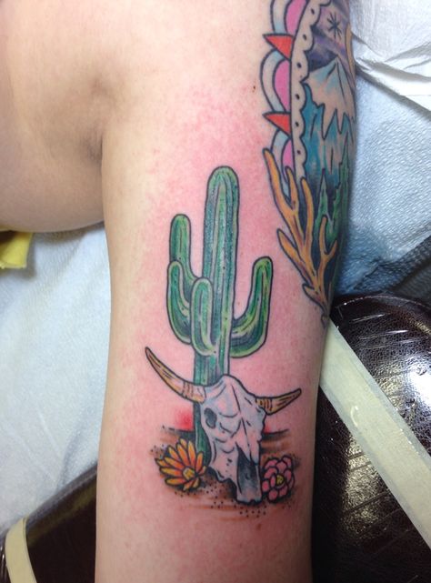 Western tattoo with cactus and cattle skull. For my dad Cactus And Bull Skull Tattoo, Skull With Cactus Tattoo, Cattle Skull Tattoo, Longhorn Tattoo, Cow Skull Tattoos, Pinterest Tattoo Ideas, Western Tattoo, Cattle Skull, Bull Skull Tattoos