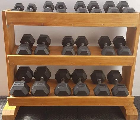 3-Tier Dumbbell Rack . - DIY Woodworking Wood Dumbbell Rack, Wooden Dumbbell Rack, Weight Holder Rack Diy, Diy Weight Rack For Dumbbells, Dumbbell Storage Diy, Diy Weight Rack, Diy Dumbbell Rack, Diy Dumbbell, Garage Gyms