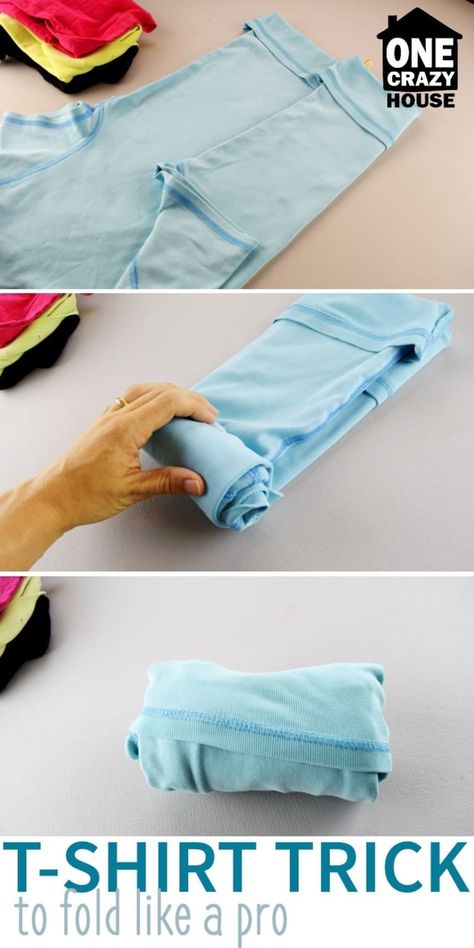 fold shirt in a roll trick Leggings Hack, Shirt Folding Trick, Leggings Diy, T Shirt Hacks, Pack Like A Pro, Crazy House, Shirt Hacks, Shirt Folding, Kids Leggings