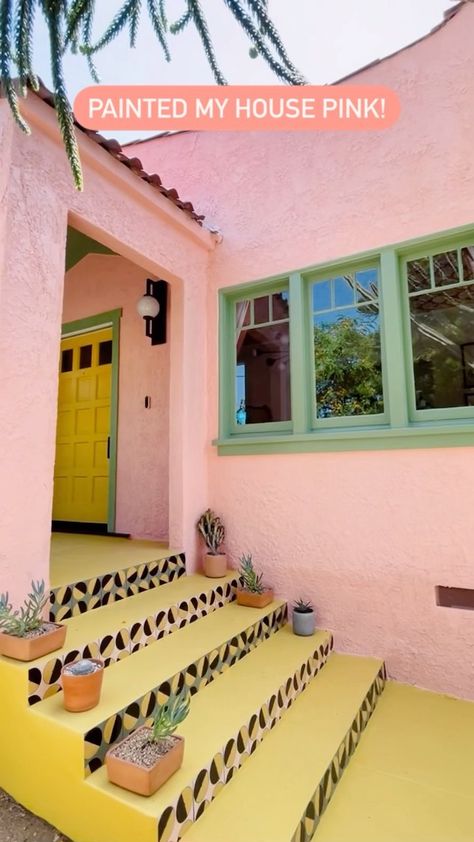 danidazey on Instagram: #ad Making my childhood dream of having a pink house come true 💕 With bold and beautiful hues by @BEHRpaint I used BEHR MARQUEE® Exterior… Pink House Paint Exterior, Pink Mobile Home Exterior, Light Pink Exterior House Paint, Colorful House Exteriors, Vibrant Exterior House Colors, Pink Stucco House Exterior, Pink Stucco House, Pink Spanish House, Colorful Houses Exterior