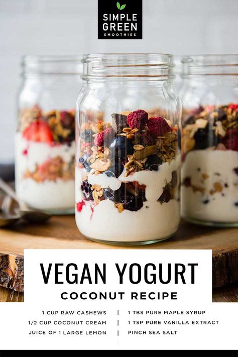 This fun, easy vegan yogurt is great on its own, or turned into a parfait with the fruit compote and granola. Vegan Yogurt Parfait, Vegan Parfait, Vegan Yogurt Recipe, Diy Sauces, Green Smoothie Vegan, Vegan Budget, Yogurt Benefits, Healthier Treats, Plant Based Yogurt