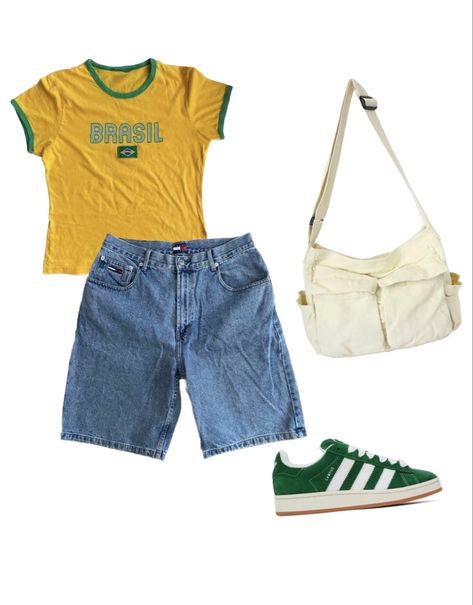 Yellow Summer Outfit Ideas, Baggy Clothes Outfit Summer Shorts, Yellow Green Top Outfit, Vintage Jorts Outfit, Outfits With Jorts Baggy, Outfit Ideas Long Shorts, Long Jeans Shorts Outfit, Where To Buy Baggy Jorts, Summer Jorts Fits