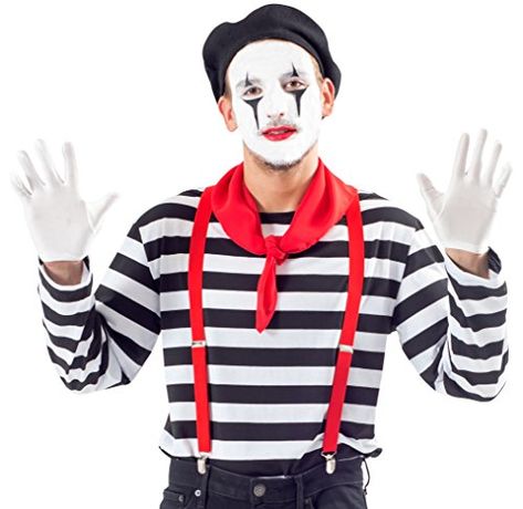 Men's Mime Costume Set with Makeup Kit (Adult Large) Best Halloween Costumes & Dresses USA Mime Halloween Costume, Mime Face, Mime Costume, Halloween Beard, Red Suspenders, Complete Makeup, Short Gloves, Cosmetic Kit, Last Minute Costumes