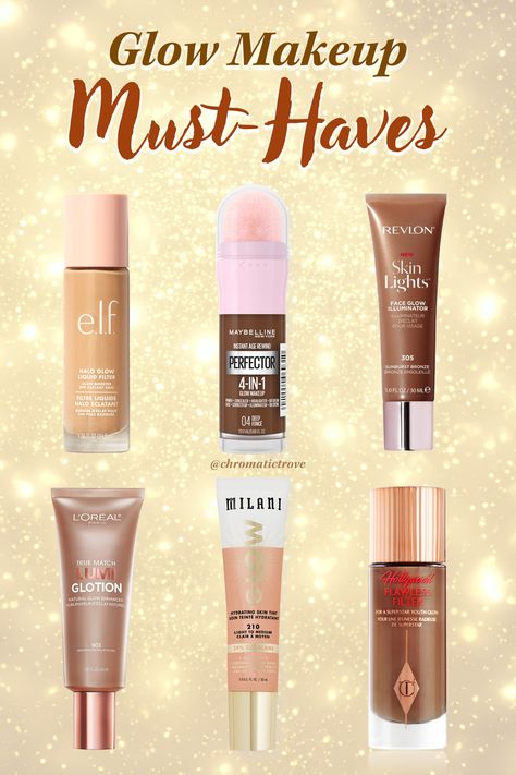 These can be used as a foundation, primer, highlighter, tinted moisturizer, or be mixed with other base products for a glowy finish Glowing Makeup Products, Glowy Foundations, Maquillaje Glowy, Glowy Foundation, Glowy Makeup Look, Sunkissed Makeup, Glow Makeup, Makeup Bag Essentials, Simple Makeup Tips