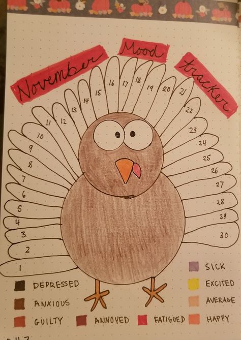 November Mood Tracker Template for Bullet Journaling! Turkey, Fall Themed. November Journal Mood Tracker, November Mood Tracker Ideas, Mood Tracker For November, Turkey Mood Tracker, November Bujo Mood Tracker, November Mood Tracker Bullet Journal, November Bullet Journal Mood Tracker, Fall Mood Tracker, November Habit Tracker