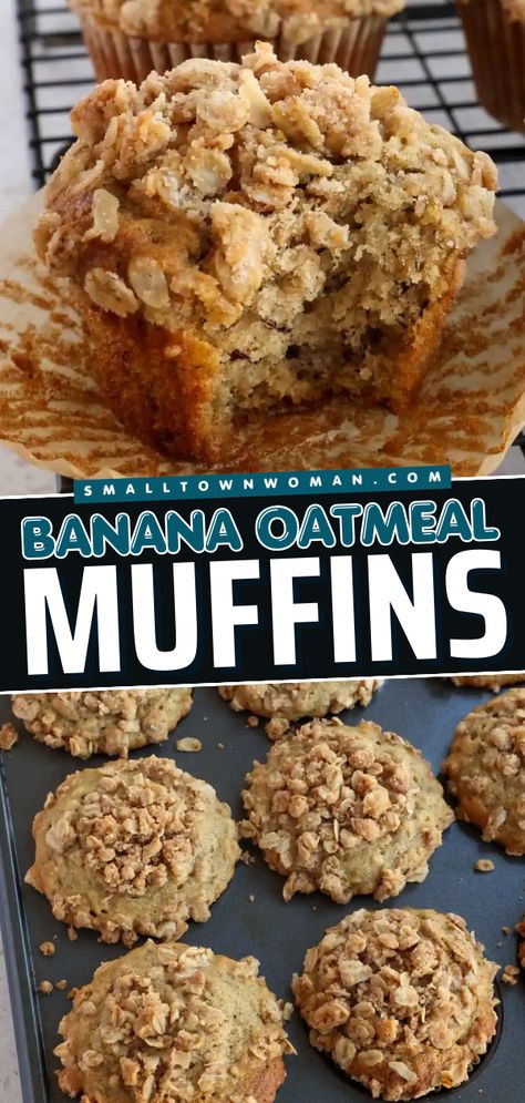 Everything you ever wanted for your back to school breakfast idea! This Banana Oatmeal muffin recipe features a sweet flavor of banana and cinnamon crowned with a buttery oatmeal topping. Serve this tasty muffin for a quick breakfast on the go! Banana Bread Oatmeal Cups, Cinnamon Sugar Banana Muffins, Ripe Banana Muffin Recipes, Easy Banana Oatmeal Muffins, Oat Banana Muffins, Breakfast Banana Muffins, Peanut Butter Oatmeal Muffins, Oatmeal Muffin Recipe, Oatmeal Banana Muffins