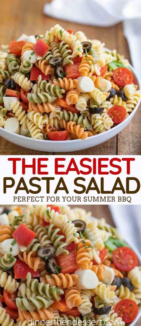 Easy Pasta Salad made with mozzarella, black olives, cherry tomatoes, and bell peppers in a creamy Italian dressing is the PERFECT side dish to bring to a potluck or picnic! #pasta #pastasalad #summer #bbq #sides #side #salad #dinnerthendessert Pasta Salad With Black Olives, Sides To Bring To A Cookout, Things To Bring To A Bbq, Sides To Bring To A Bbq, Side Dishes To Bring To A Party, Easy Cookout Side Dishes, Picnic Pasta, Pasta Salad Easy, Easy Bbq Side Dishes