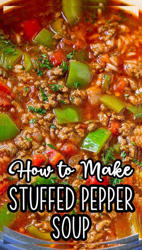 This stuffed pepper soup is a hearty meal loaded with ground beef, onions, rice and bell peppers in a tomato based broth. Amish Stuffed Pepper Soup, Pepper Steak Soup Recipe, Crockpot Bell Peppers, Stuff Bell Pepper Soup Recipe, Stuff Pepper Soup Recipe Crockpot, Soup With Peppers And Onions, Green Pepper Soup Crockpot, Green Pepper Recipes Crockpot, Beef Pepper Soup