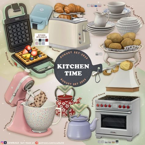 August 2023 Set (2) - Kitchen Time | Patreon Sims 4 Cc Kitchen Items, Sims 4 Cc Furniture Kitchen Decor, Sims 4 Kitchen Stove, Sims4 Kitchen Clutter, Cc Sims 4 Furniture Kitchen, Sims Kitchen Clutter, Sims 4 Clutter Kitchen, Sims4 Cc Kitchen Decor, Stove Cc Sims 4