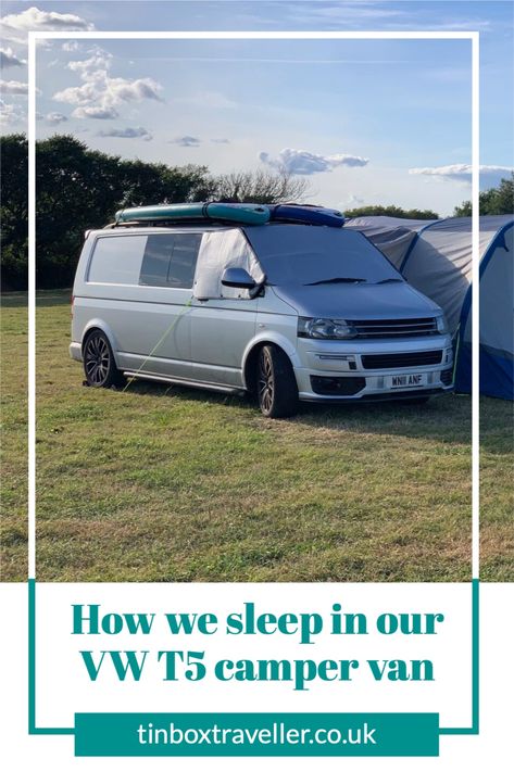 Wondering how you sleep a family of four and a dog in a VW T5 camper van? Here's how we do it - come and have a nose #VW #T5 #camper #van #vanlife #travel #TinBoxTraveller #camping #campervan #travelblog #vanlifers Vw Campervan Interior T5 Camper Storage Ideas, T5 Camper Conversion, Vw Transporter Conversion, Campervan Hacks, Vw Transporter Conversions, Vw Transporter Campervan, Vw T5 Campervan, Vw Transporter Camper, Vw Transporter Van