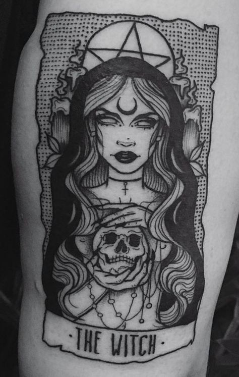 Goddess Witch Tattoo, Dark Devine Feminine Tattoo, Forearm Witchy Tattoo, Witchy Female Tattoos, Tattoo Of A Woman Goddesses, Witch Tattoo Back, Witchy Face Tattoo, Witch Theme Tattoo Sleeve, The Witch Tarot Card Tattoo