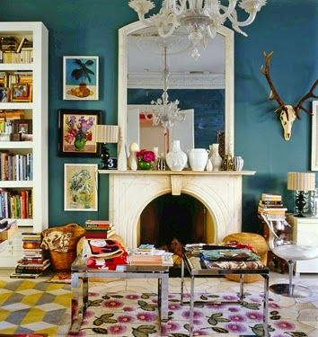 Eye For Design: Creating Preppy Eclectic Style Interiors German Couple, Upper Cabinet, Colorful Eclectic, Utility Closet, Paint Collection, British Home, Leftover Paint, Teal Walls, Eclectic Living Room