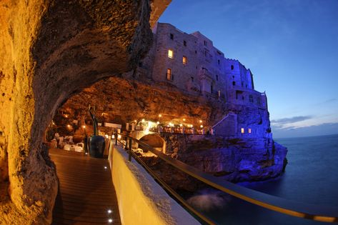 Grotta Palasezze, a restaurant built into a large grotto hanging just meters over the sea. Grotta Palazzese, Cave Restaurant, Italy Coast, Italy Restaurant, Seaside Restaurant, Best Of Italy, Most Romantic Places, Italy Map, Regions Of Italy