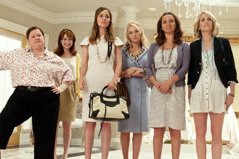 "Bridesmaids" movie still, 2011.  L to R: Melissa McCarthy, Ellie Kemper, Rose Byrne, Wendi McLendon-Covey, Maya Rudolph, co-writer/star Kristen Wiig. Bridesmaids Movie, Ellie Kemper, Rose Byrne, Olga Kurylenko, Wedding Movies, Kristen Wiig, Renee Zellweger, Bridget Jones, Diane Keaton