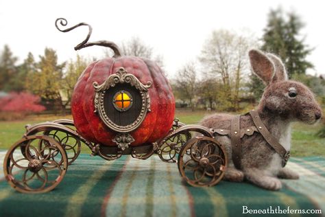 Cinderella pumpkin carriage needle felted rabbit by Beneaththeferns Halloween Pumpkin Carriage, Cinderella Pumpkin Carriage, Felted Rabbit, Pumpkin Coach, Pumpkin Contest, Cinderella Pumpkin, Pumpkin Wedding, Cinderella Carriage, Rabbit Sculpture