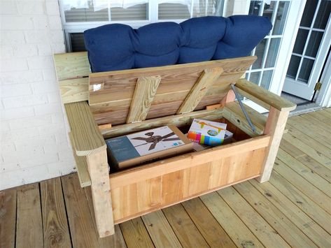 Reader Project | How to Build a Porch Pirate-Proof Bench - This Old House Porch Storage Bench, Drop Box Ideas, Build A Porch, Outdoor Shoe Storage, How To Build A Porch, Porch Bench, Porch Storage, Porch Plans, Cedar Cladding