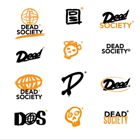 Orange and black streetwear logos in a rough grungy aesthetic Grunge Logos Aesthetic, Grunge Logo Design Inspiration, Streetwear Brand Logo Ideas, Streetwear Brand Identity, Grunge Branding, Skate Branding, Streetwear Logo Ideas, Urban Style Logo, Grunge Logo Design