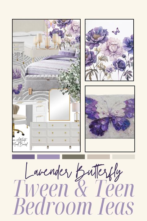 If you're looking to update your tween girls bedroom and she’s all about purple, these decorating ideas will be perfect for making her bedroom makeover dreams come true—especially with the whimsical touch of dainty butterflies! 🦋 Lavender Bedroom Decor, Lavender Bedroom, Purple Girls Room, Teen Bedroom Ideas, Lavender Butterfly, Purple Bedrooms, Purple Bedroom, Girls Rooms