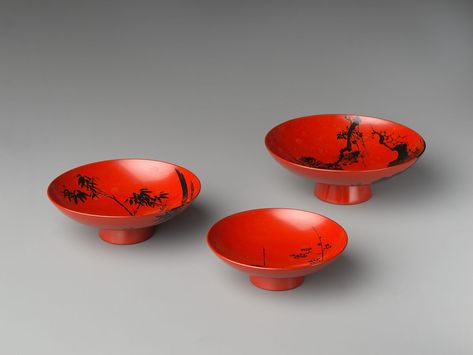 Shibata Zeshin | Sake cups with "Three Friends" design | Japan | The Metropolitan Museum of Art Shibata Zeshin, Sake Cups, Friends Design, Japan Crafts, Sake Cup, Red Lacquer, Three Friends, Metropolitan Museum Of Art, Metropolitan Museum