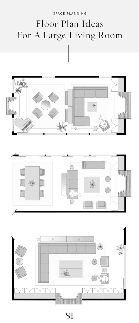 5 Furniture Layout Ideas for a Large Rectangular Living Room, with Floor Plans - #interiordesign #spaceplanning #floorplan #livingroom #livingroomideas #floor Open Plan Furniture Layout, Open Floor Plan Couch Layout, Open Concept Kitchen Living Room Floor Plans, Sectional Open Floor Plan, Open Concept Kitchen Living Room Furniture Layout, Closed Floor Plan Living Room, Dining Room Plan Layout, Open Floor Plan Design Layout, Furniture Floor Plans Living Room