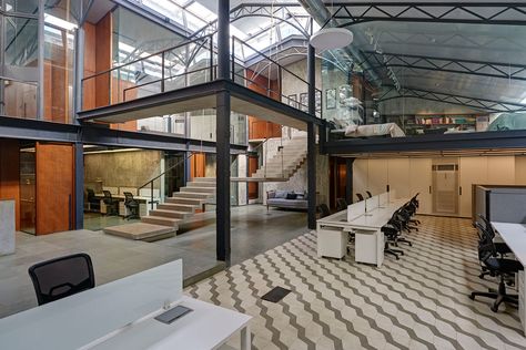 Office in Mumbai by SJK Architects Warehouse Renovation, Masonite Interior Doors, Interior Design Degree, Industrial Loft Design, Converted Warehouse, Warehouse Office, Concrete Staircase, Warehouse Conversion, Warehouse Design