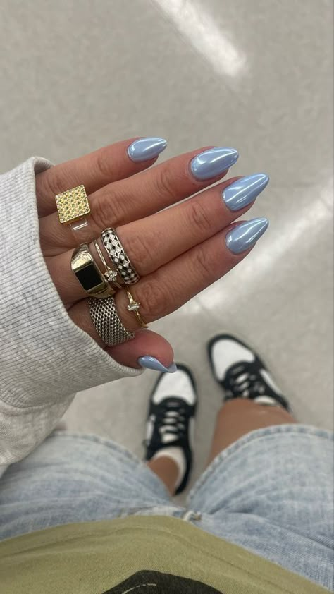 50+ Colorful Chrome Nail Designs That Are Trending! Cute Nails With Chrome, Blue Nail Inspiration Acrylic, November Nail Inspo 2023, Winter Blue Chrome Nails, Cute Nails For Your Birthday, May 2024 Nails Ideas, Blue Chrome Nail Ideas, Baby Blue Chrome Nails Almond, Blue And White Chrome Nails