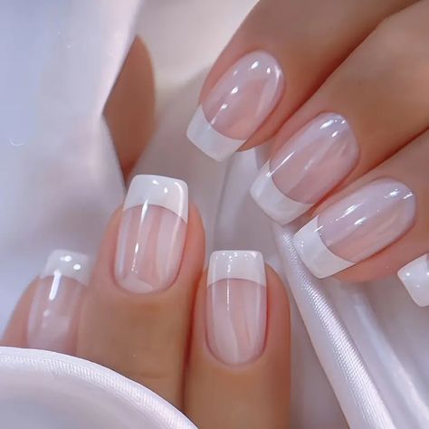 Elegant French Tip Press Nails Set Glossy Aurora White Pink - Temu Temu Stuff, Full Cover Nail Tips, Bee Nails, Star Sequins, Press Nails, May Nails, Press On Nails Medium, Nails Set, Nails Medium