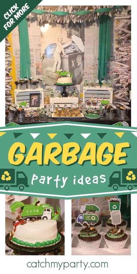 Take a look at this cool garbage-themed birthday party! The cupcakes are so cool! See more party ideas and share yours at CatchMyParty.com Garbage Truck Party Food Ideas, Garbage Party Ideas, Recycling Party Theme, Trash Themed Food, Garbage Truck Trunk Or Treat, Trash Truck Balloon Garland, Garbage Truck Birthday Party Food, Trash Truck Party Food, Garbage Truck Party Food