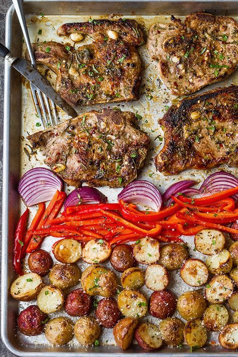 Sheet Pan Pork Chops in Oven — A quick and easy sheet pan dinner you can whip up in a breeze. - #recipe by #eatwell101 Pork Chops In Oven, Sheet Pan Pork Chops, Sheet Pan Pork, Easy Sheet Pan Dinner, Oven Pork Chops, Pan Pork Chops, Pork Chops And Potatoes, Easy Sheet Pan Dinners, Sheet Pan Suppers