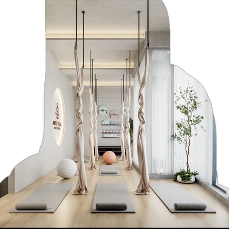 Private Yoga Studio, Aerial Studio Design, White Yoga Studio, Mini Yoga Studio, Modern Yoga Studio Design, Home Yoga Studio Ideas, Yoga Studio Ideas, Hot Yoga Room, Yoga Studio Design Interiors