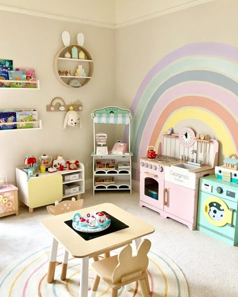 Safari Adventure Baby Room - Scandinavian Kids' Bedroom Inspiration Baby Play Room Ideas Girl, Playroom For Girls Ideas, Girls Bedroom And Playroom Combo, Girl Toddler Playroom, Girl Playroom Ideas Toddler, Fun Toddler Girl Room, Toddler Montessori Playroom, Kids Playroom Decor Ideas, Rainbow Play Room